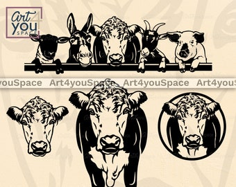 Hereford Cow SVG Files For Cricut, Heifer Clipart Download, Farm Animal Vector, Farm logo Design, PNG DXF, Livestock Art, Donkey Goat Sheep