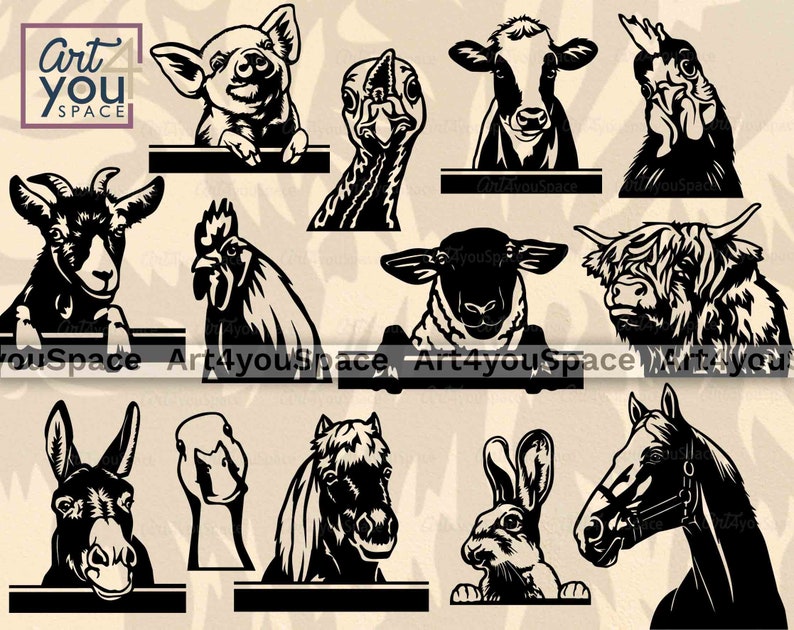 May include: A set of 10 black and white silhouette animal illustrations. The animals include a pig, cow, rooster, goat, chicken, sheep, highland cow, horse, rabbit, and a pony. The illustrations are perfect for use in crafting, scrapbooking, or digital design.