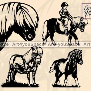 May include: Black and white silhouette illustrations of four miniature horses. One horse is being ridden by a person wearing a hat and jacket. The image includes the text "Art4youSpace".