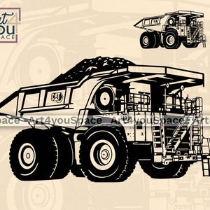 Könnte beinhalten: Schwarz-weiße Silhouette eines großen, schweren Muldenkippers. Der LKW hat eine große, offene Ladefläche und einen großen, leistungsstarken Motor. Der LKW ist an der Seite mit "CAT" beschriftet.