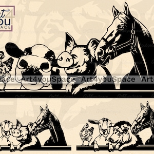 Animaux de la ferme svg, poulet cochon vache cheval chèvre Peeking Clipart, téléchargement PNG, Cricut, vecteur découpé au laser, fichier DXF cnc pour plasma, art de la découpe de papier