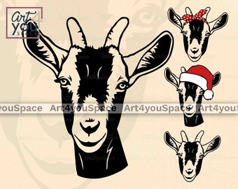 Christmas Goat SVG, Cute Alpine Goat Face with Bandana wreath, SVG Farm Animal, Cute Animal head Santa Hat vector, png dxf difital download