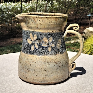 Hand Thrown Pitcher with Dark Gray Speckled Glaze and Applied Scrolling Handle, Sgraffito Floral Band, Unique Flower Vase, Boho Eclectic