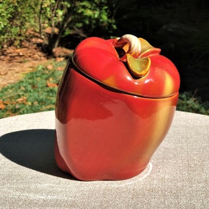 Tuscan Figural Red Apple 6.5" Ironstone Canister, Slanted Bottom, Farmhouse Tableware, Cottage Canister, Open Hutch Decor, Apple Canister