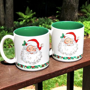 TWO Smiling Santa Claus Portrait Christmas Mugs, Holly Berries & Pine Border, Dark Green Interior, Cottage Christmas, Secret Santa Gift