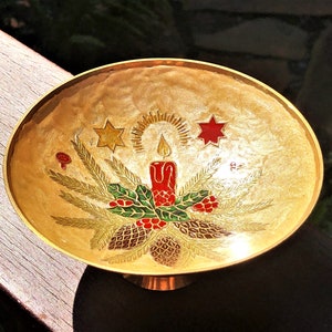 Brass Cloisonné Christmas Candle & Holly Footed Bowl, Enamel Paint, Holiday Candy Bowl, Christmas Lodge, Cottage Christmas, Hostess Gift