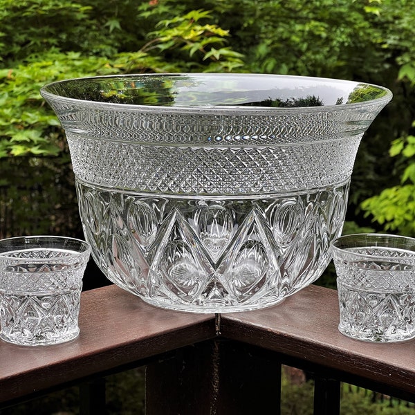 Imperial Glass Cape Cod Punch Bowl Set, 11 Matching Cups, Plastic Hooks & Glass Ladle, Wedding, Bridal Shower, Holiday Party, Anniversary