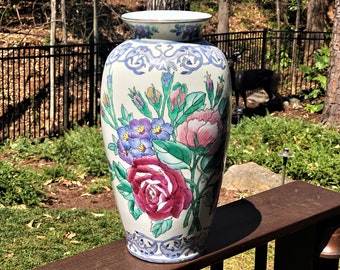 Chinoiserie 14" Tall Macau Hand Painted Porcelain Floral Vase