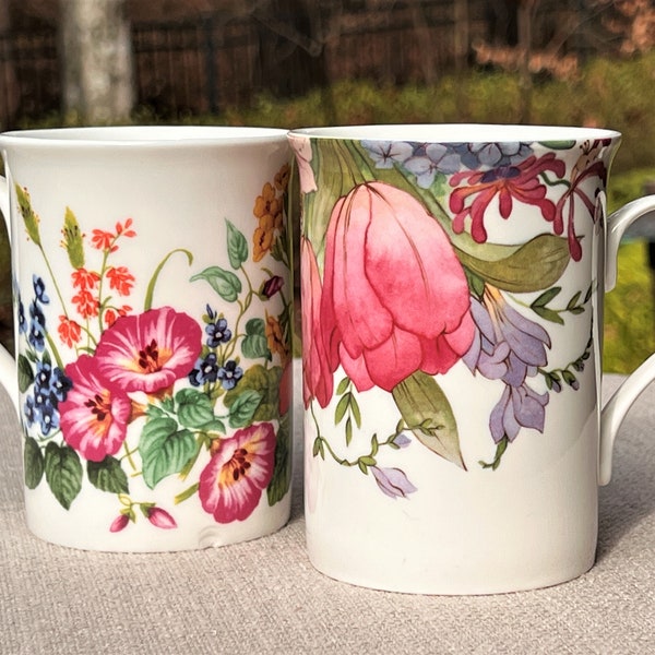 TWO Crown Trent Fine China Floral Mugs, Staffordshire England, Pink Tulips & Wildflowers, Afternoon Tea, Garden Lover Gift, English Cottage