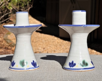TWO Hand Thrown Salt Glaze Redware Candlestick Holders