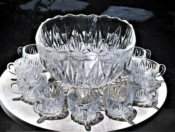 1950's Hazel Atlas Williamsport Square Punch Bowl, 12 Matching Cups & Hooks