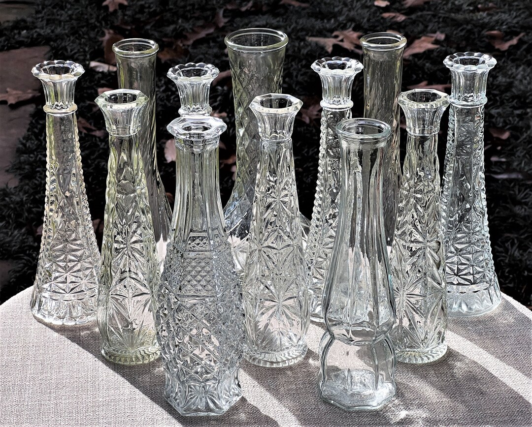 TWELVE Assorted Mid Century Clear Glass Bud Vases, Wedding Reception