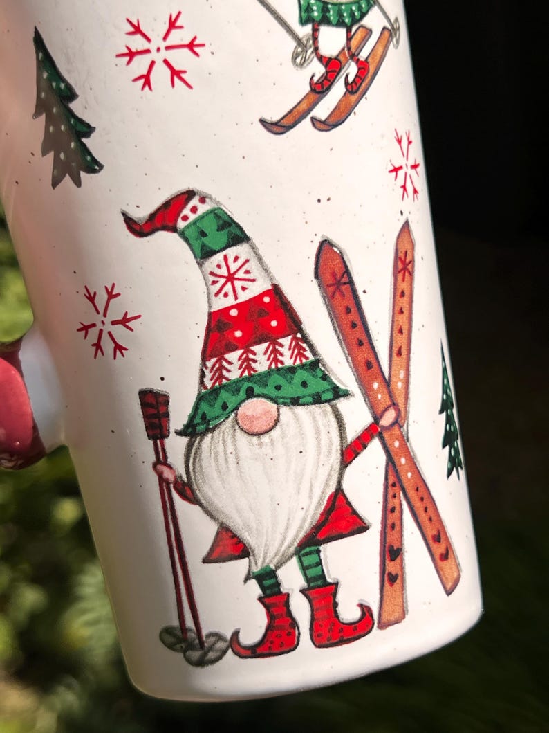 TWO Tall Christmas Gnome Skiing Mugs, Collectors Gift, Secret Santa