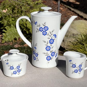 May include: A white porcelain coffee set featuring a tall coffee pot, a sugar bowl with a lid, and a creamer. Each piece is decorated with a blue floral pattern and vertical ribbed detailing. The set is designed for serving coffee.