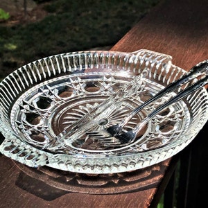 Indiana Glass Royal Brighton Crystal Windsor Divided Relish Plate with Two Royal Ballad Servers, Button and Cane Design, Oneida Silversmiths