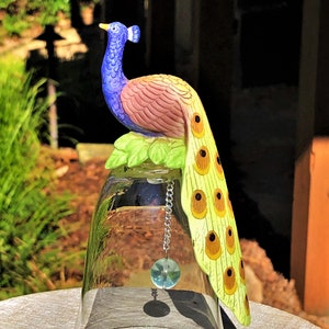 Peacock Figurine Handle Clear Glass Bell, Hand Painted Porcelain Bisque, Birdwatcher Gift, Nature Enthusiast, Bird Collection, Hostess Gift