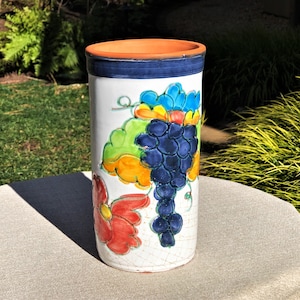 Himark Celina Redware Hand Painted Wine Cooler, Portuguese Ceramic, Grape and Floral Spray, Crazed Background, Vase, Kitchen Utensils Holder