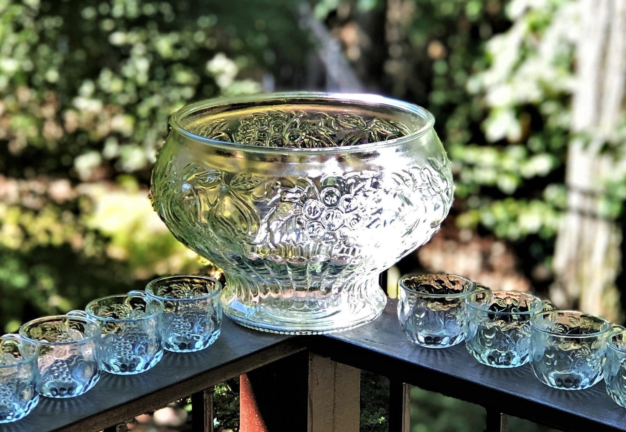 Jeannette Fruit Clear 33-piece Punch Bowl Set, 16 Matching Cups
