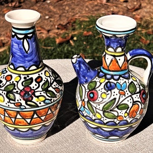 Vibrant Hand Painted Portuguese Style Pottery Cruets, Alternating Bands of Floral & Geometric Patterns, Mediterranean Design, Farmhouse