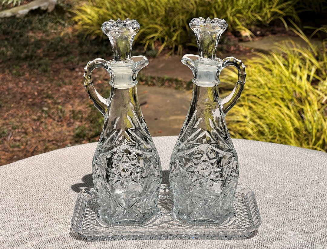 TWO Anchor Hocking Prescut Clear Cruets on Crystal Cut Glass Etsy