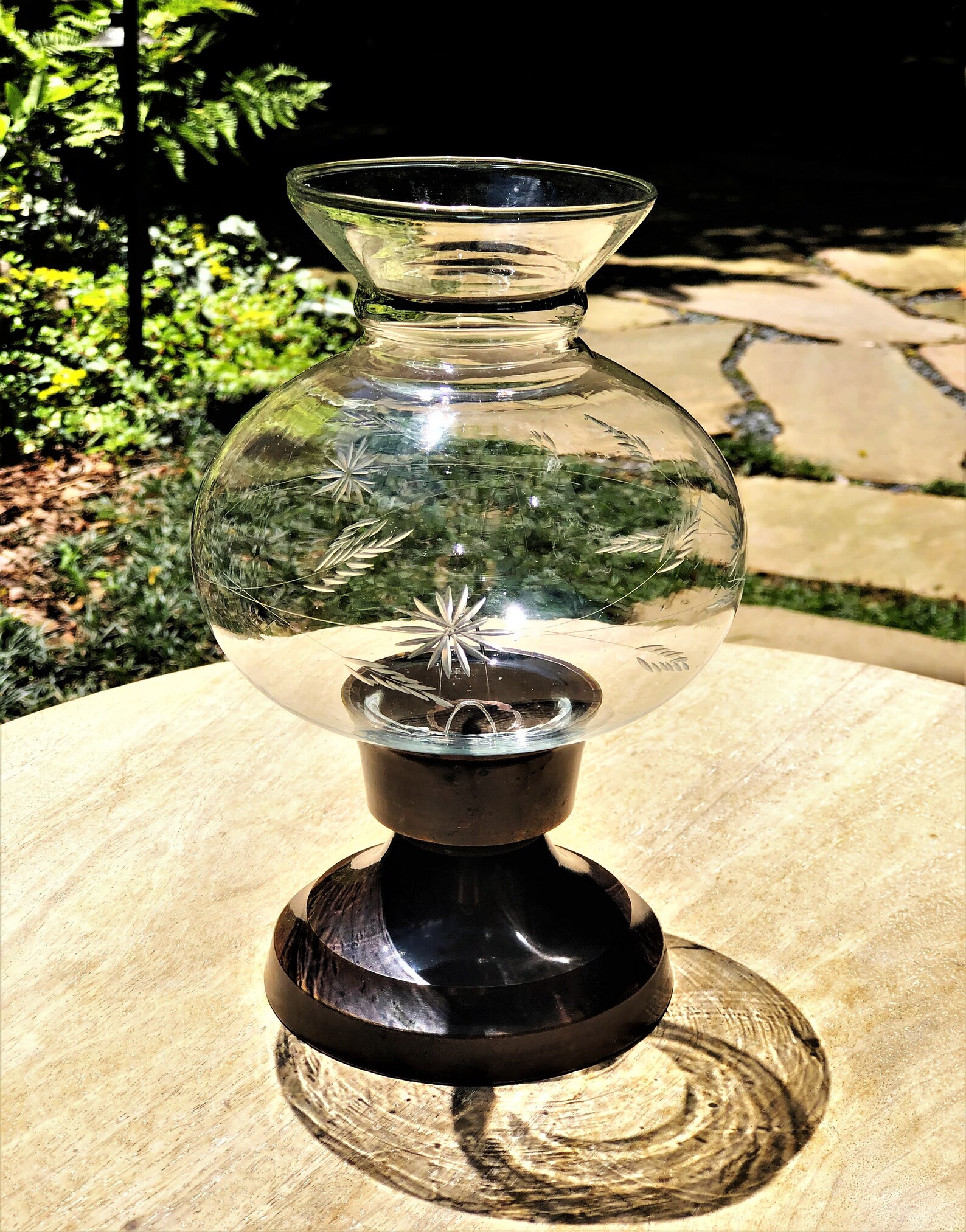 Bronze Hurricane Candle Holder Floral Etched Bulbous Glass Etsy