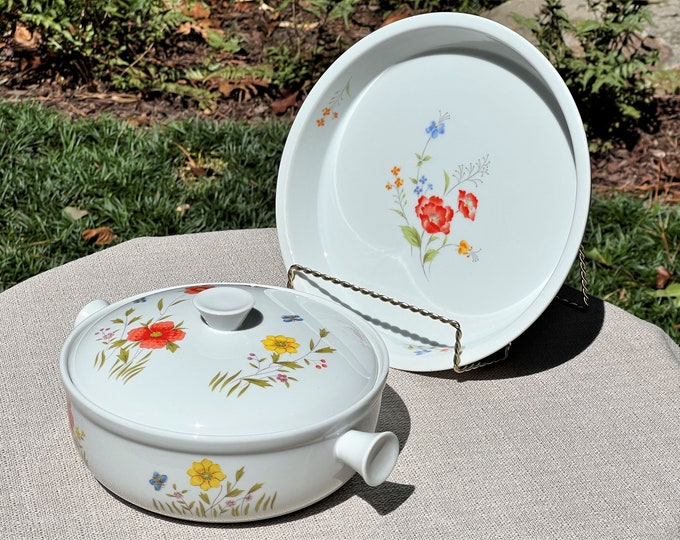 TWO Beautiful Oventotable Baking Dishes, Poppy Garden Bake 'n Serve Pie Pan by Hearthside