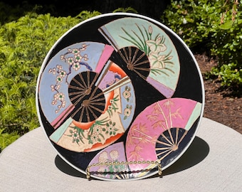 Large Chinoiserie 12" Decorative Plate, Assorted Colorful Fans