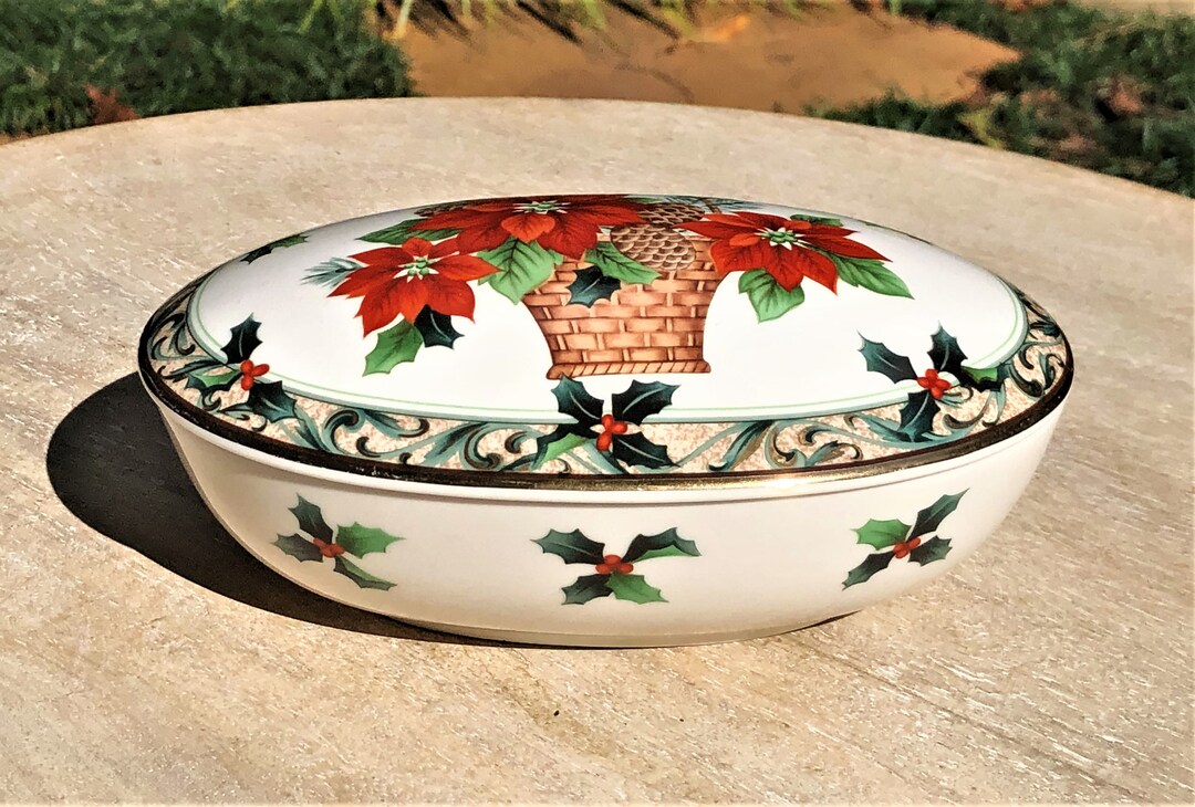 Mikasa Basket of Poinsettias Oval Porcelain Trinket Box, Holiday Lidded