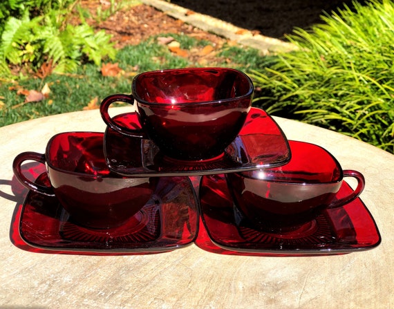 Vintage Anchor Hocking Glass Charm Ruby Pattern Cup & Saucer Set 