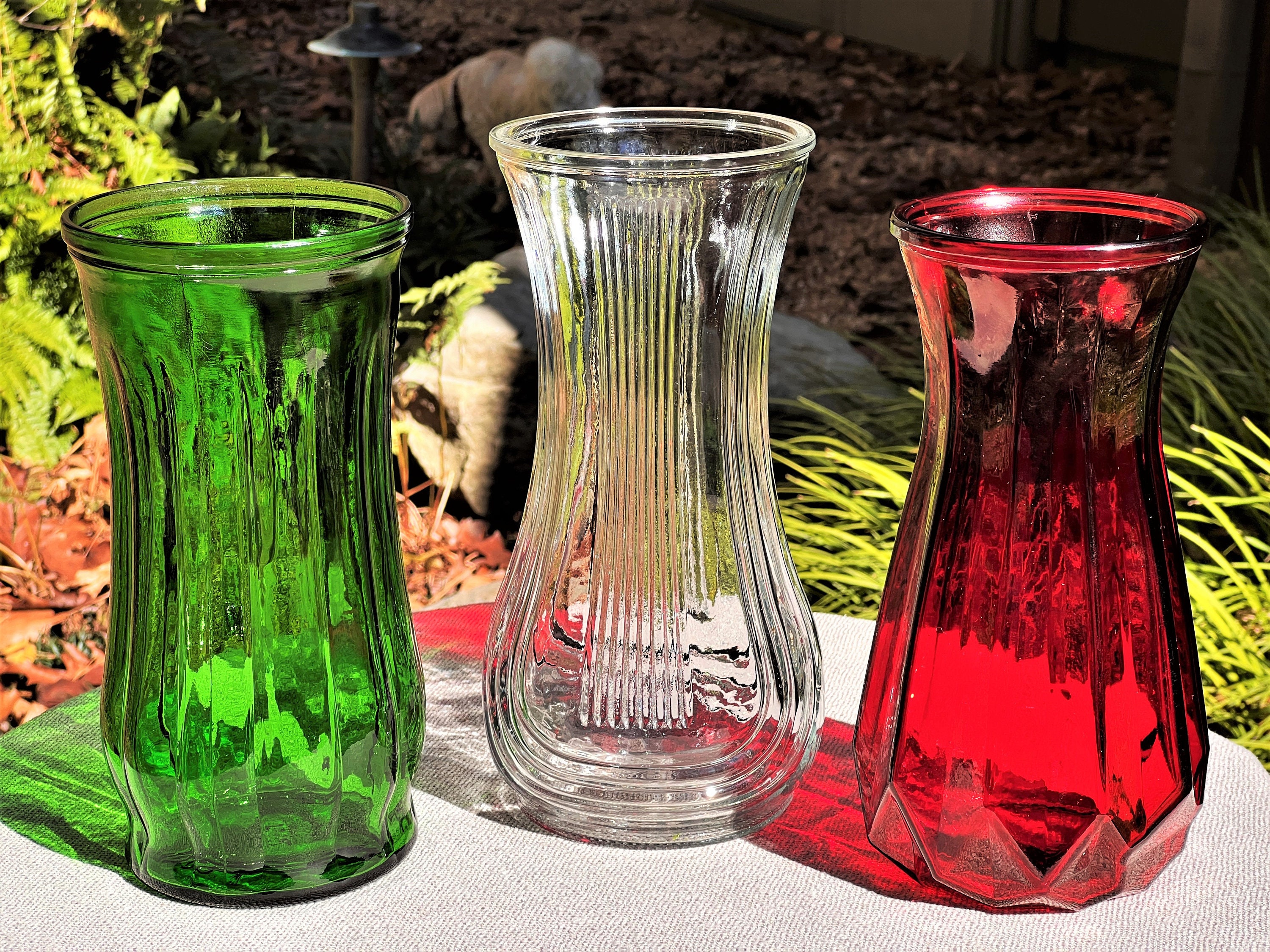 THREE Large Assorted Green Red Clear Glass Floral Bouquet Vases Wedding Decor Centerpiece Garden Party Spring Mantel Console