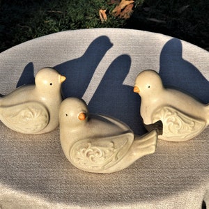 THREE Ceramic Love Birds with Raised Floral Scroll Design on Wings, Crackle Finish, Wedding Cake Toppers, Bird Lover Gift, Console Mantel