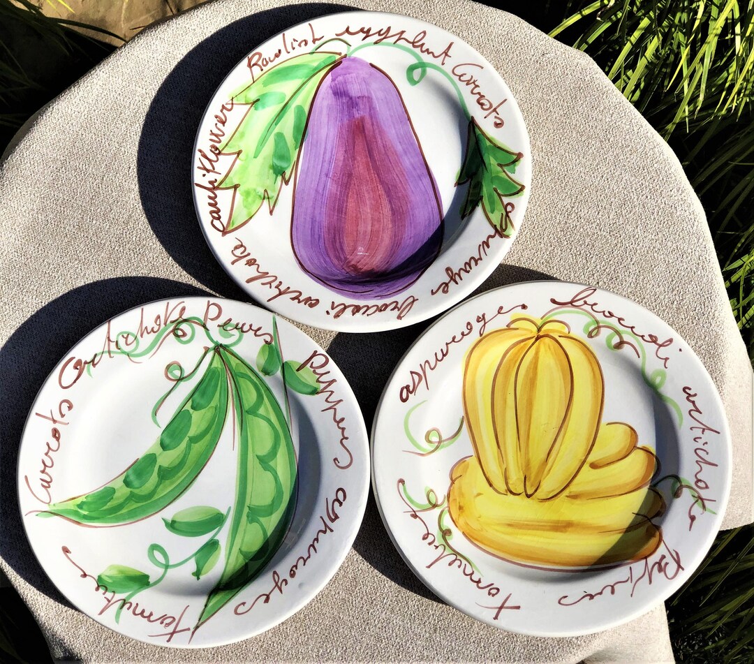 THREE Ceramic Vegetable Motif Plates Designed by Forli, Hand Decorated in Italy, Three Unique