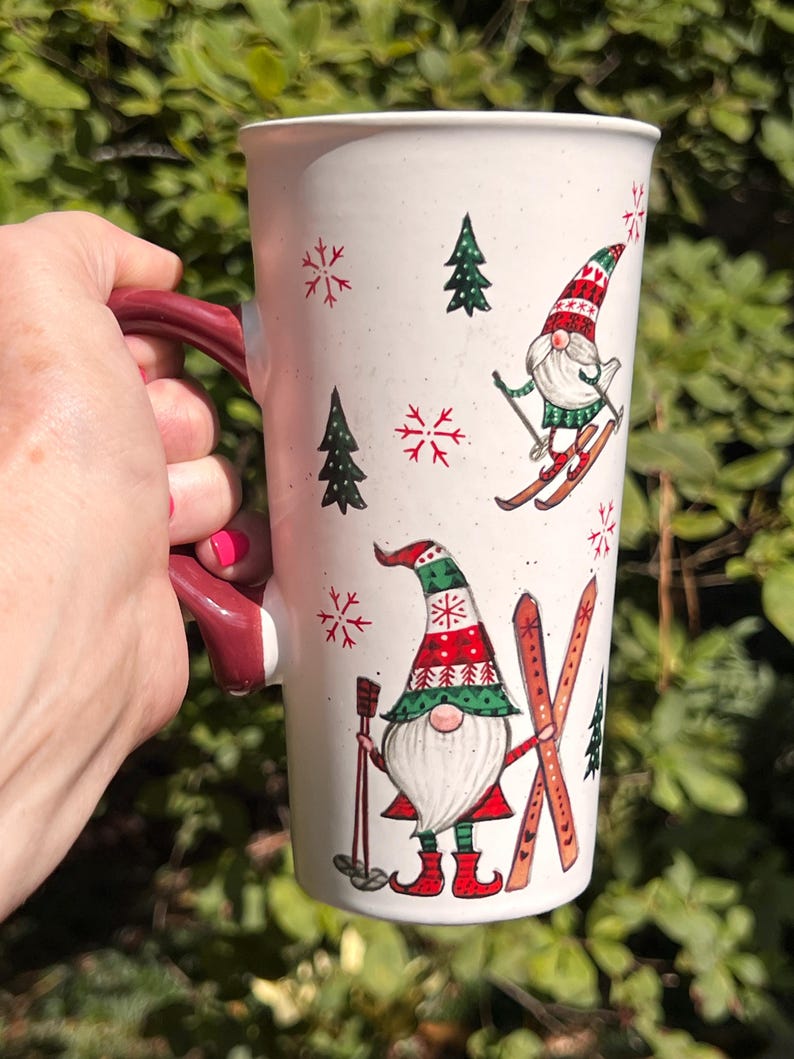 TWO Tall Christmas Gnome Skiing Mugs, Collectors Gift, Secret Santa