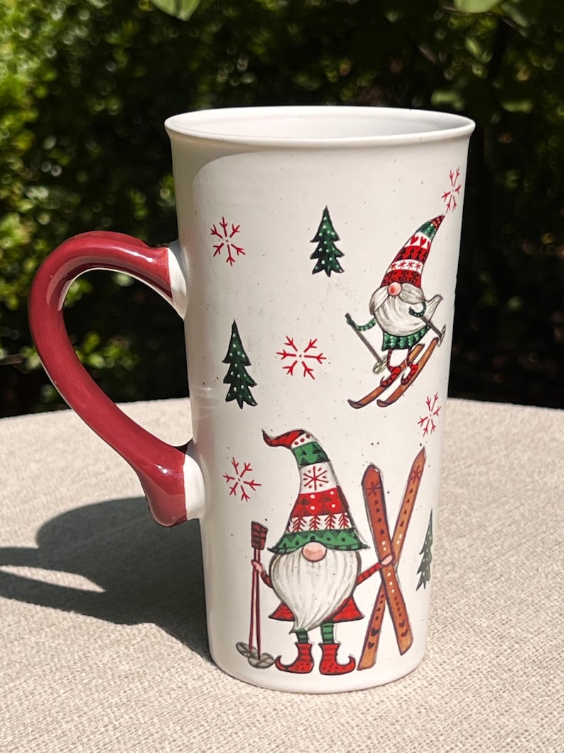TWO Tall Christmas Gnome Skiing Mugs, Collectors Gift, Secret Santa