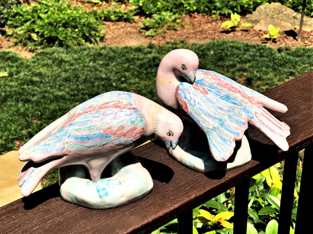 TWO Hand Painted Ceramic Love Bird Figurines, Blue Green Pink Wings