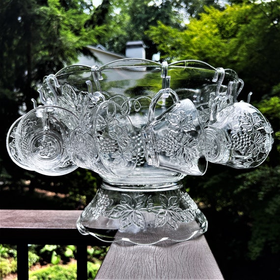 Anchor Hocking Vintage Clear 26-piece Punch Bowl Set, Bowl, Pedestal Base,  12 Cups & Hooks, Embossed Grapes, Wedding, Retirement, Holiday -   Singapore