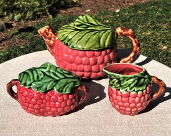 Jay Willfred Majolica Figural Red Grape Cluster Teapot, Creamer & Lidded Sugar Bowl