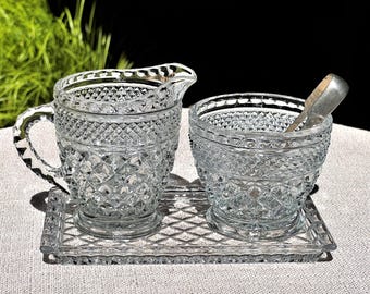 Anchor Hocking Wexford Creamer & Open Sugar, Crystal Tray, Silver Sugar Tongs