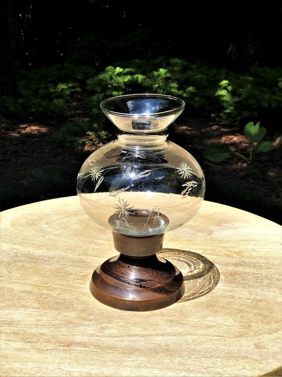 Bronze Hurricane Candle Holder Floral Etched Bulbous Glass Etsy