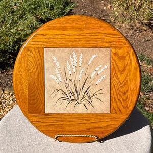 1970's Solid Oak and Ceramic Tile 15.5" Lazy Susan, Wheat Motif