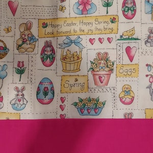 May include: A white background with a colorful pattern of Easter eggs, bunnies, chicks, and flowers. The text "Happy Easter, Happy Spring, Look forward to the joy they bring." is printed in a banner at the top of the image. The text "Eggs" and "Spring" are printed in banners at the bottom of the image.