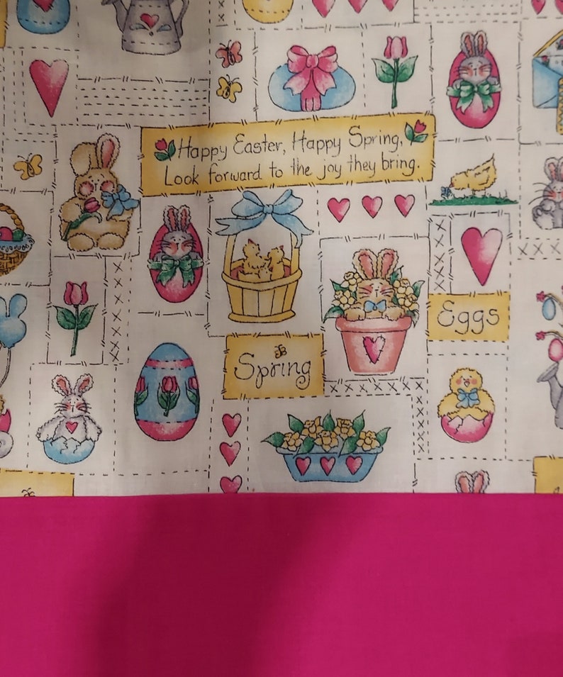 May include: A white background with a colorful pattern of Easter eggs, bunnies, chicks, and flowers. The text "Happy Easter, Happy Spring, Look forward to the joy they bring." is printed in a banner at the top of the image. The text "Eggs" and "Spring" are printed in banners at the bottom of the image.