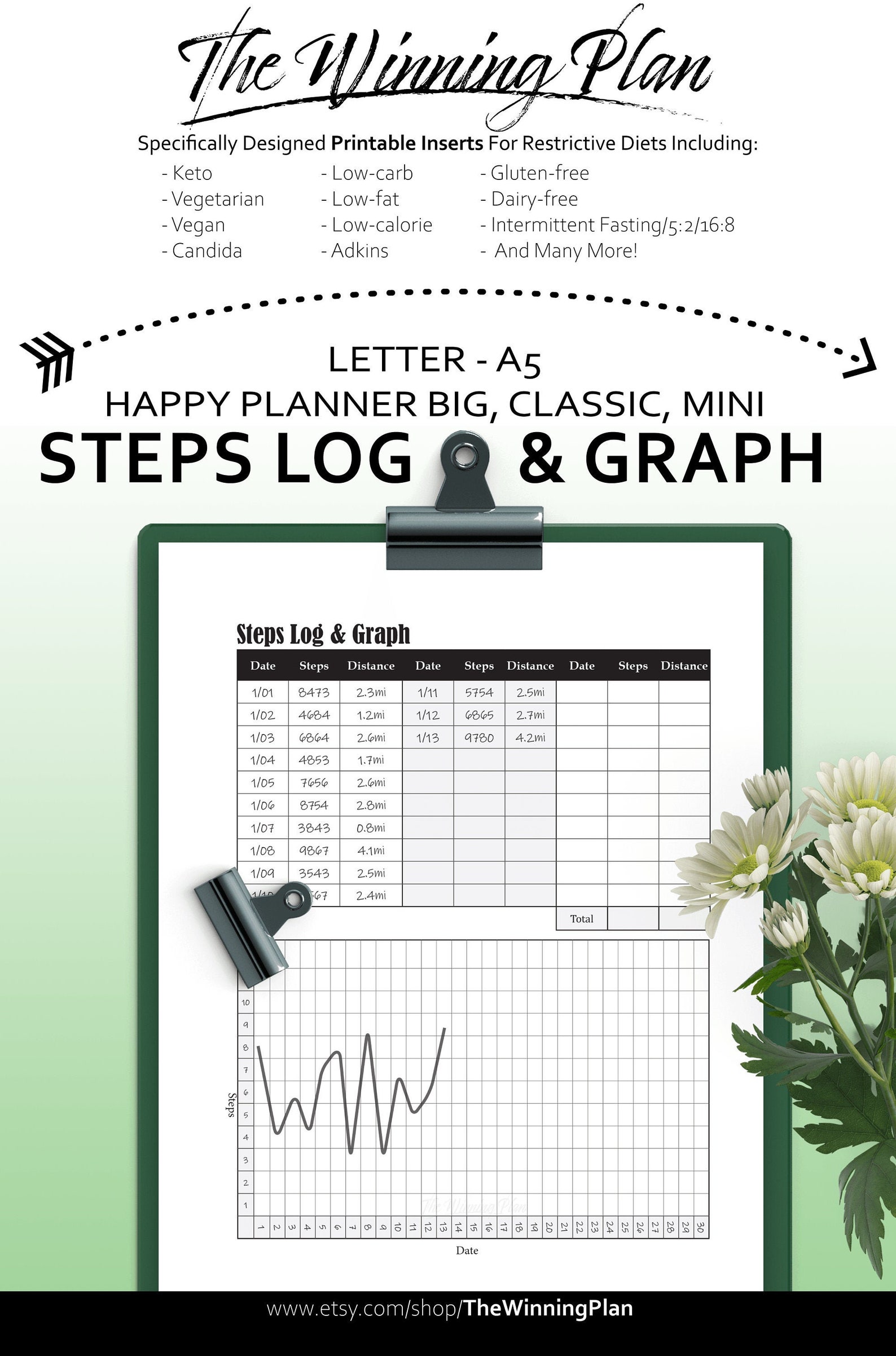 Walking Steps Log & Graph Tracker Printable Planner Insert | Etsy