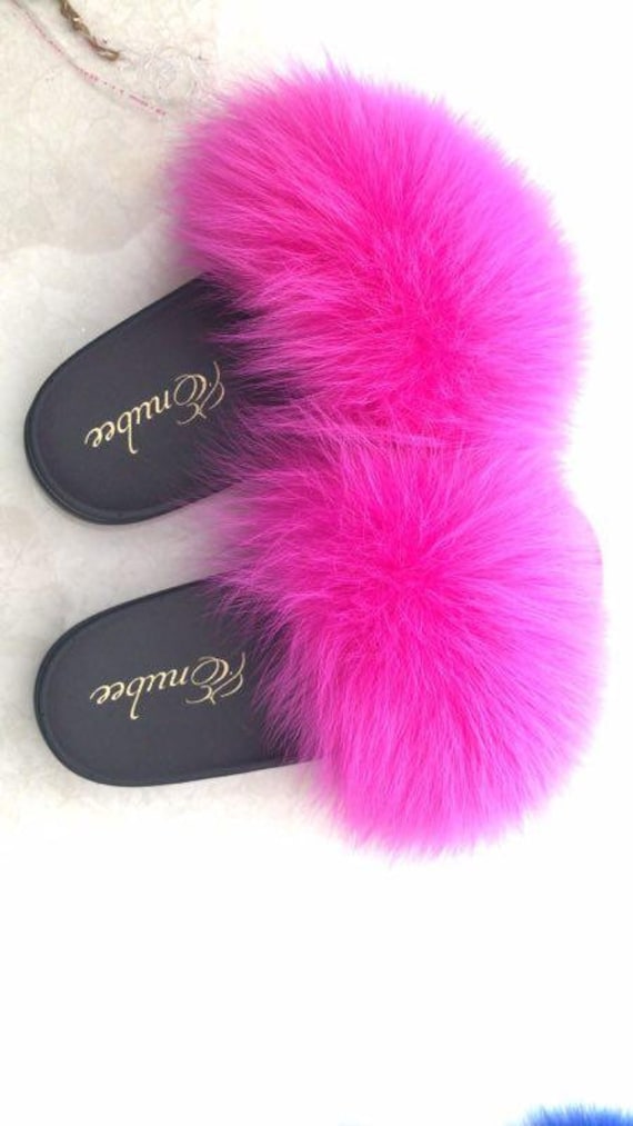 Pink Fox Fur Slides Real Fur Slippers Real Fur Slides -  Sweden