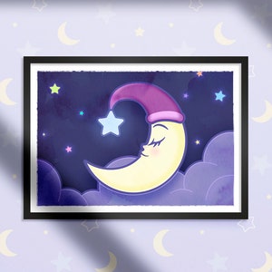 Bonita Luna Durmiente, Bebé Vivero Impresión Digital, Estrellas Coloridas, Arte de la Guardería, Vivero Luna Impresión, Bebé Arte de la Pared, Niñas y Niños, Noche Estrellada