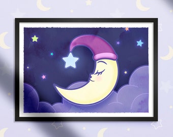 Cute Sleeping Moon, Baby Nursery Digital Print, Colorful Stars, Nursery Art, Nursery Moon Print, Baby Wall Art, Girls and Boys, Starry Night