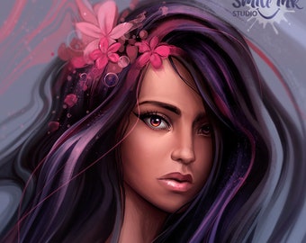 Impression d’art de belle femme naturelle, Longs cheveux foncés, Beauté exotique naturelle, Fille de fleur rose, Peau de caramel, Art mural coloré, Décor mural