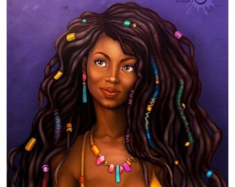 Impression d'art belle fille noire, art afro-américain, fille Dreadlock, art mural coloré, magie des femmes noires, Dreads avec des perles, décoration murale