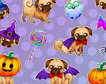 Pack d'autocollantde de carlin d'Halloween, autocollants mignons d'halloween, autocollant d'animal, autocollant de planification, autocollants de Scrapbook, autocollants d'automne, cadeau meilleur ami