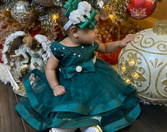 Christmas baby girl dress, Satin baby girl dress, green baby girl dress, vintage formal dress, holiday baby dress, hunter green dress